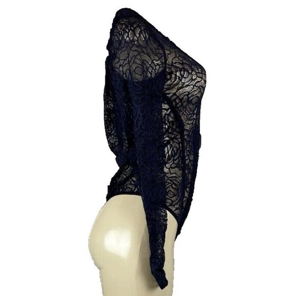 Free People L Navy Blue Sheer Lace Scoop Neck Long Sleeve In My Head Bodysuit - Picture 3 of 6